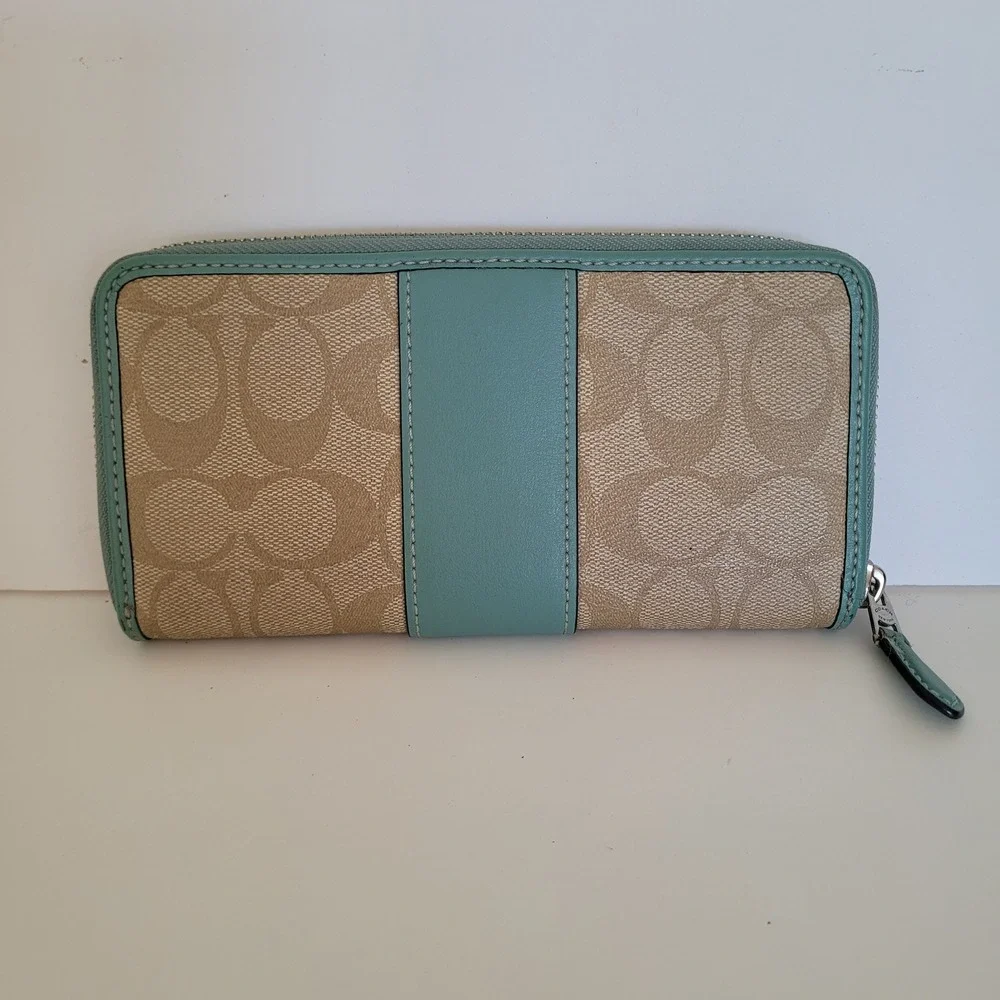 Coach Signature Accordion Zip Wallet Khaki Teal Monogram Canvas Long Wallet
